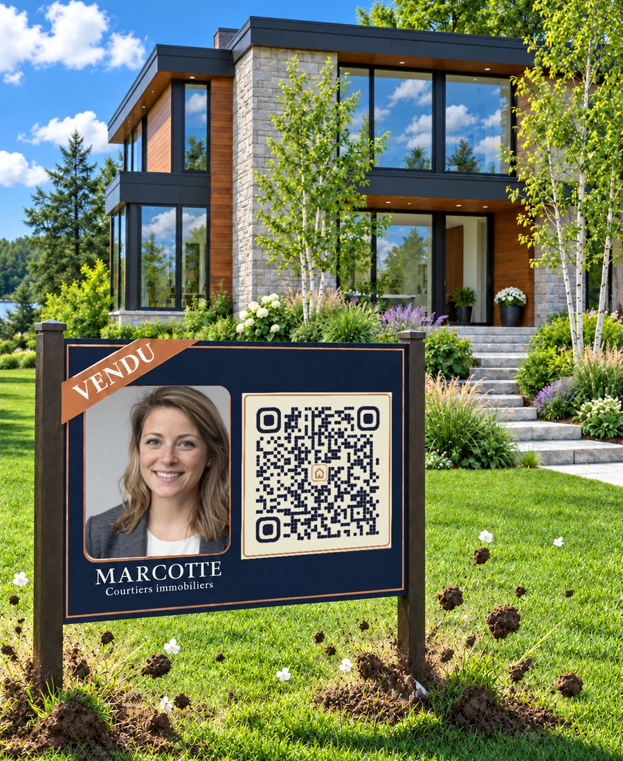 Pancarte VENDU de la courtière Geneviève Marcotte devant une maison contemporaine, avec son portrait souriant et un code QR à scanner.