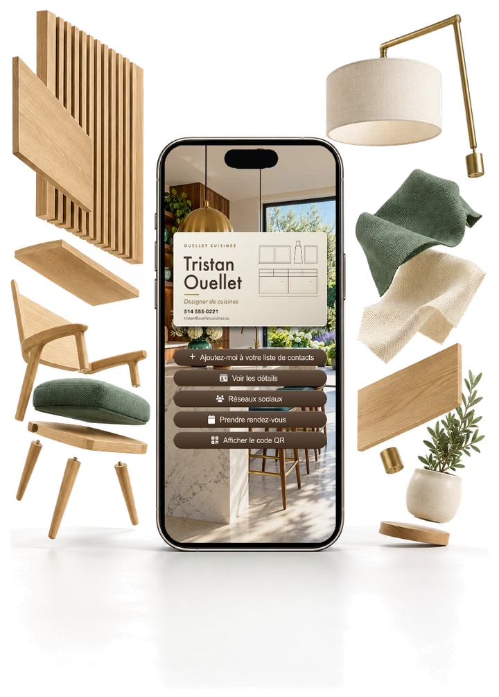 La carte d'affaires virtuelle de Tristan Ouellet, designer de cuisines, sur un téléphone de face.