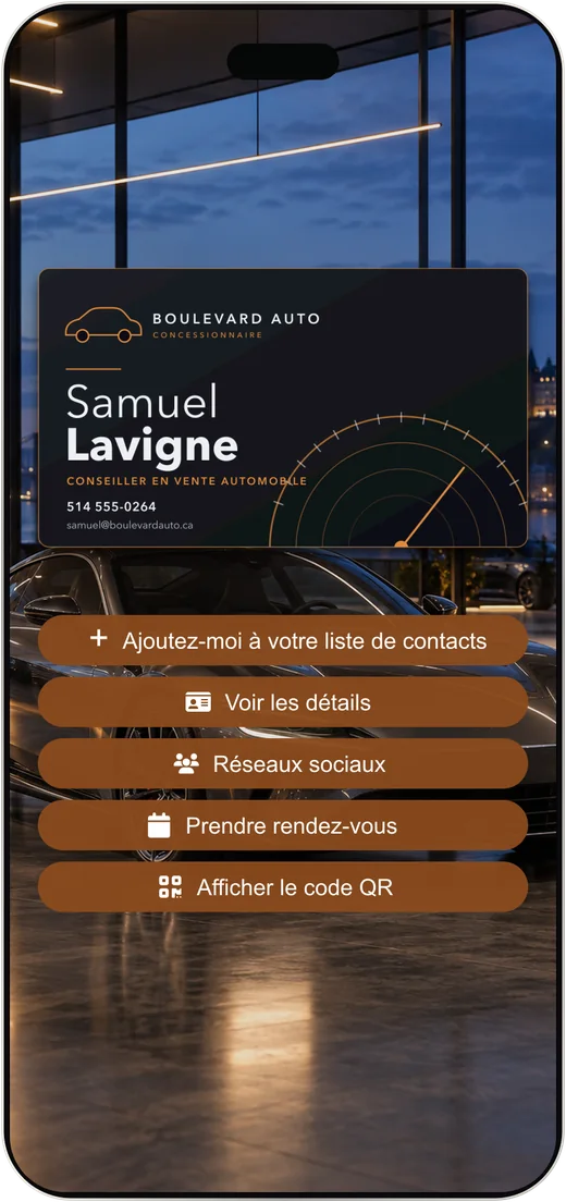 La carte d'affaires virtuelle d'un conseiller automobile, dans un téléphone.