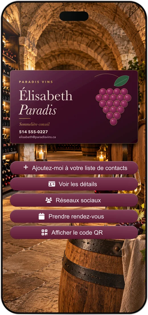La carte d'affaires virtuelle d'Élisabeth Paradis, sommelière-conseil.