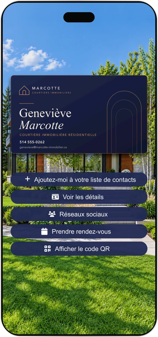 Ce que le visiteur voit après le scan : la carte d'affaires virtuelle de Geneviève Marcotte.