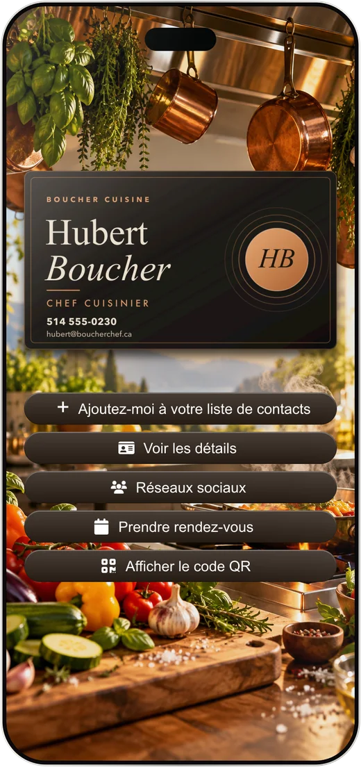 La carte d'affaires virtuelle de Hubert Boucher, chef cuisinier, dans un téléphone.
