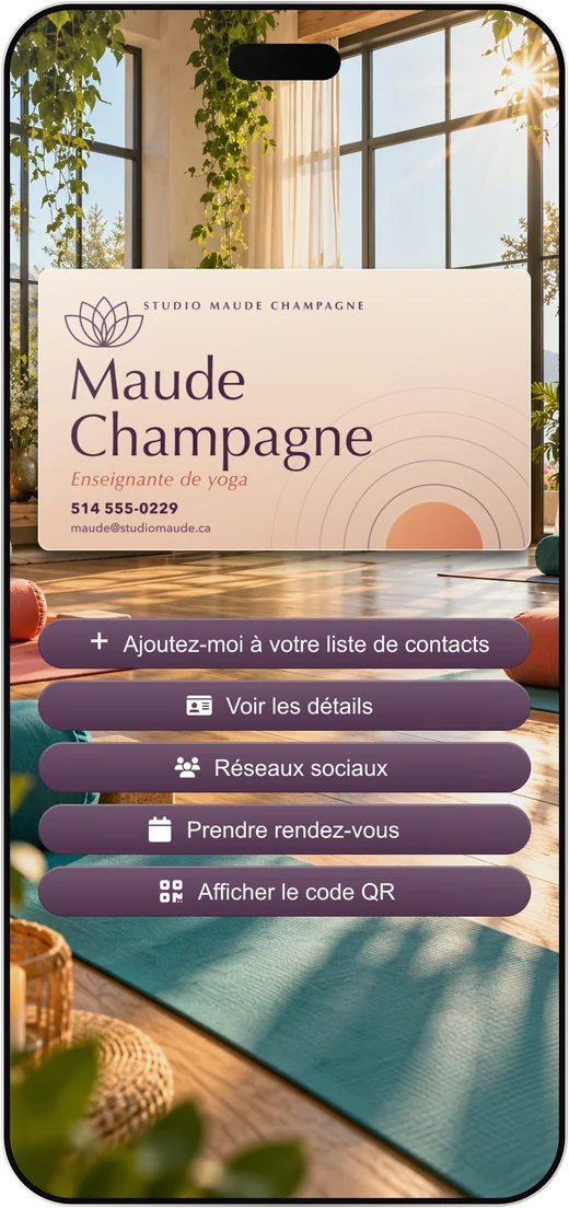 La carte d'affaires virtuelle de Maude Champagne, enseignante de yoga, avec ses cinq boutons.