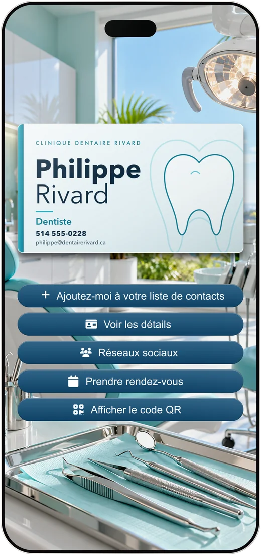 La carte d'affaires virtuelle de Philippe Rivard, dentiste.