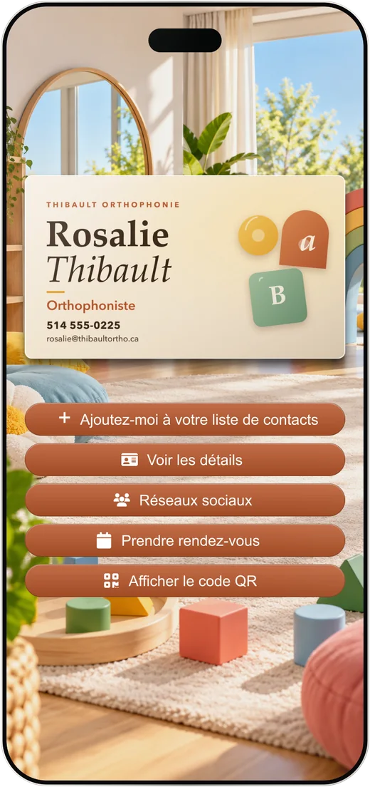 La carte d'affaires virtuelle de Rosalie Thibault, orthophoniste, à jour, avec ses cinq boutons.