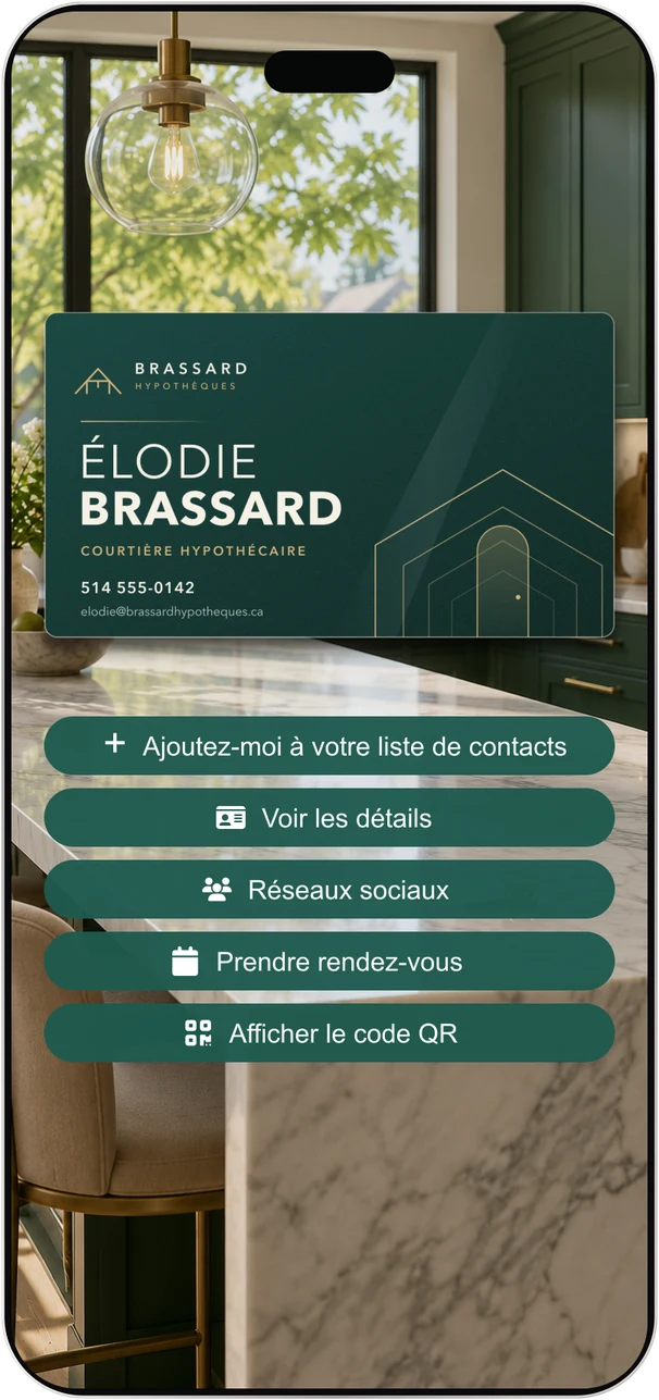 La carte d'affaires virtuelle d'Élodie Brassard ouverte sur un téléphone : sa carte et ses cinq boutons.
